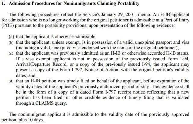 admission of h1b claiming portability